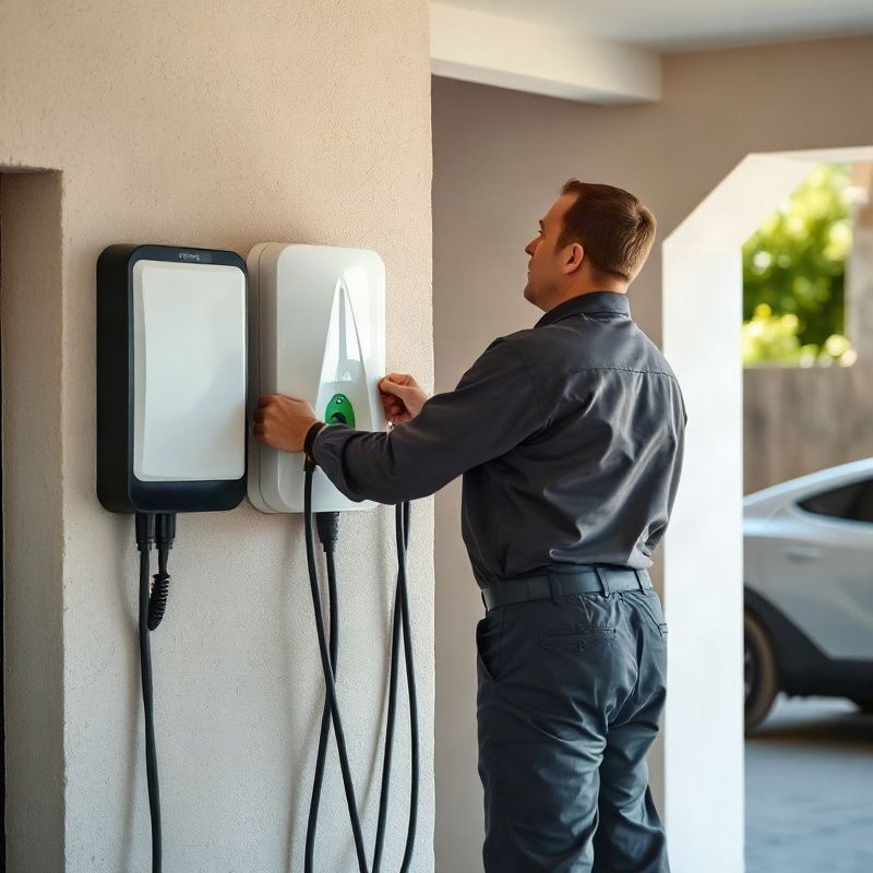 Electricista instalando un cargador tipo 2 para vehículo eléctrico en un garaje