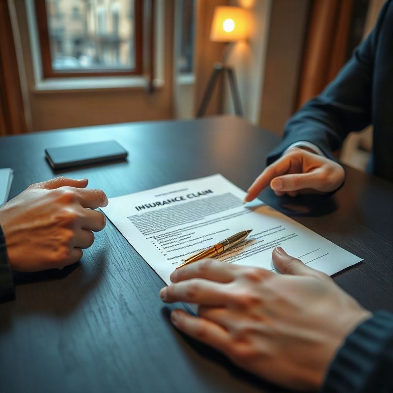 Manos intercambiando un documento de reclamo con un bolígrafo dorado sobre un escritorio