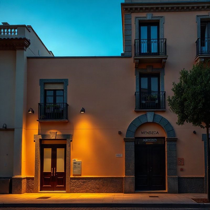 Fachada de estilo europeo en el centro de Mendoza con luz dorada del atardecer