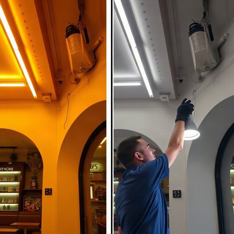 Comparación de iluminación fluorescente y LED en un interior comercial